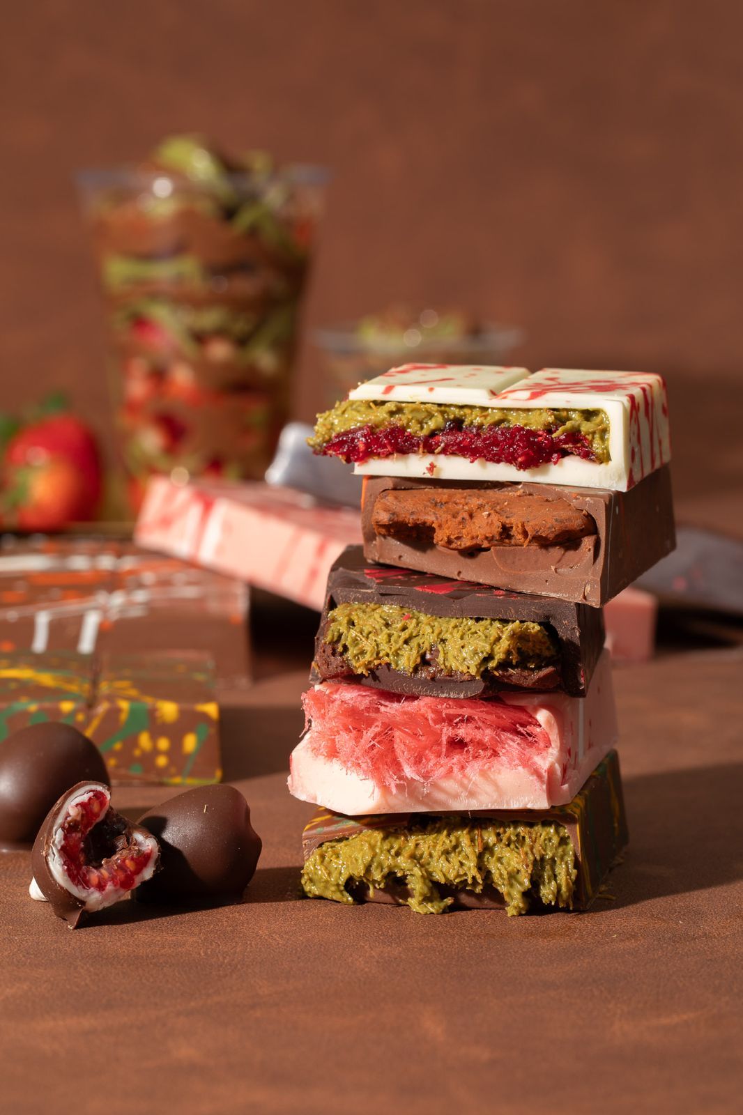 Bar stack beside a strawberry cup